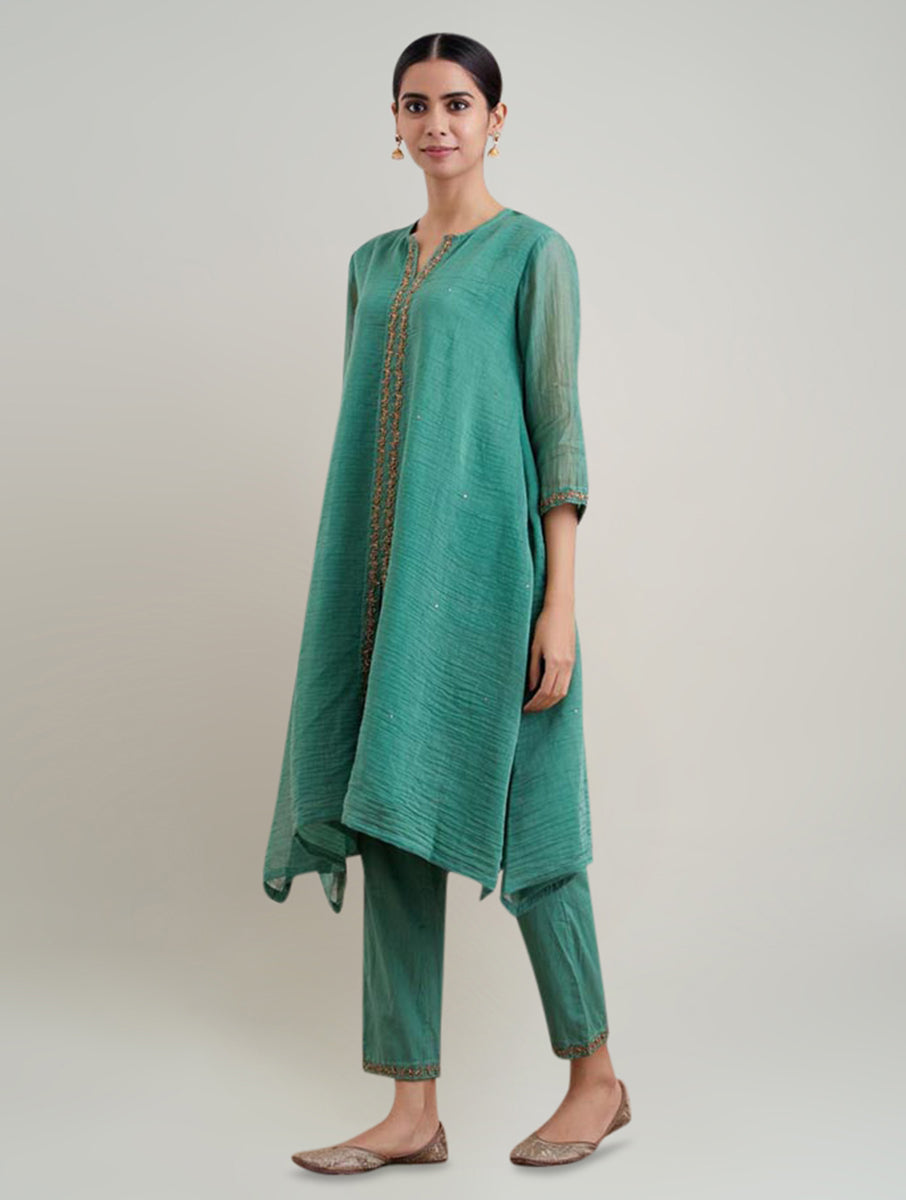 Women Green Chanderi Silk Embroidered Round Neck A Line Kurta