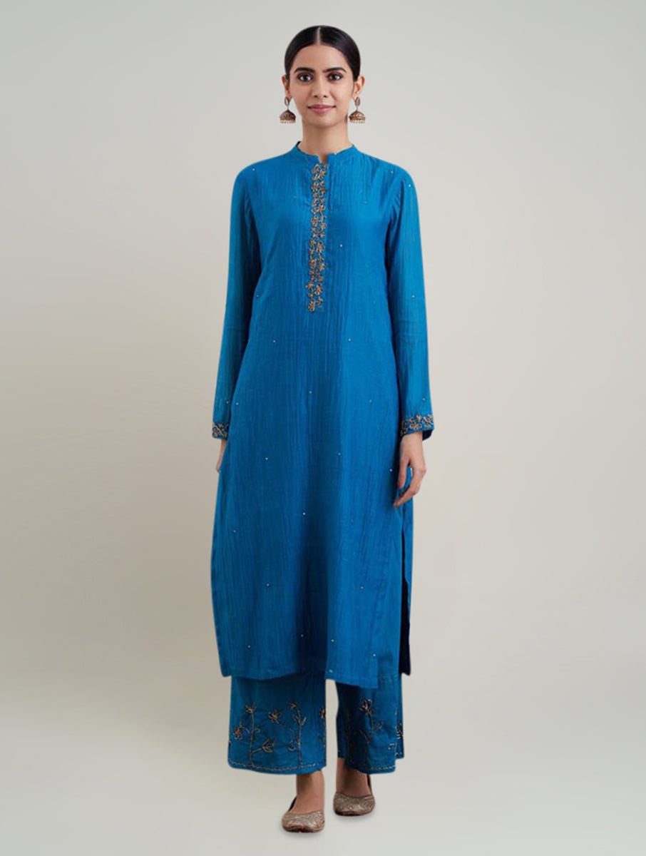 Women Teal Cotton Silk  Embroidered Collar  Neck Straight  Kurta