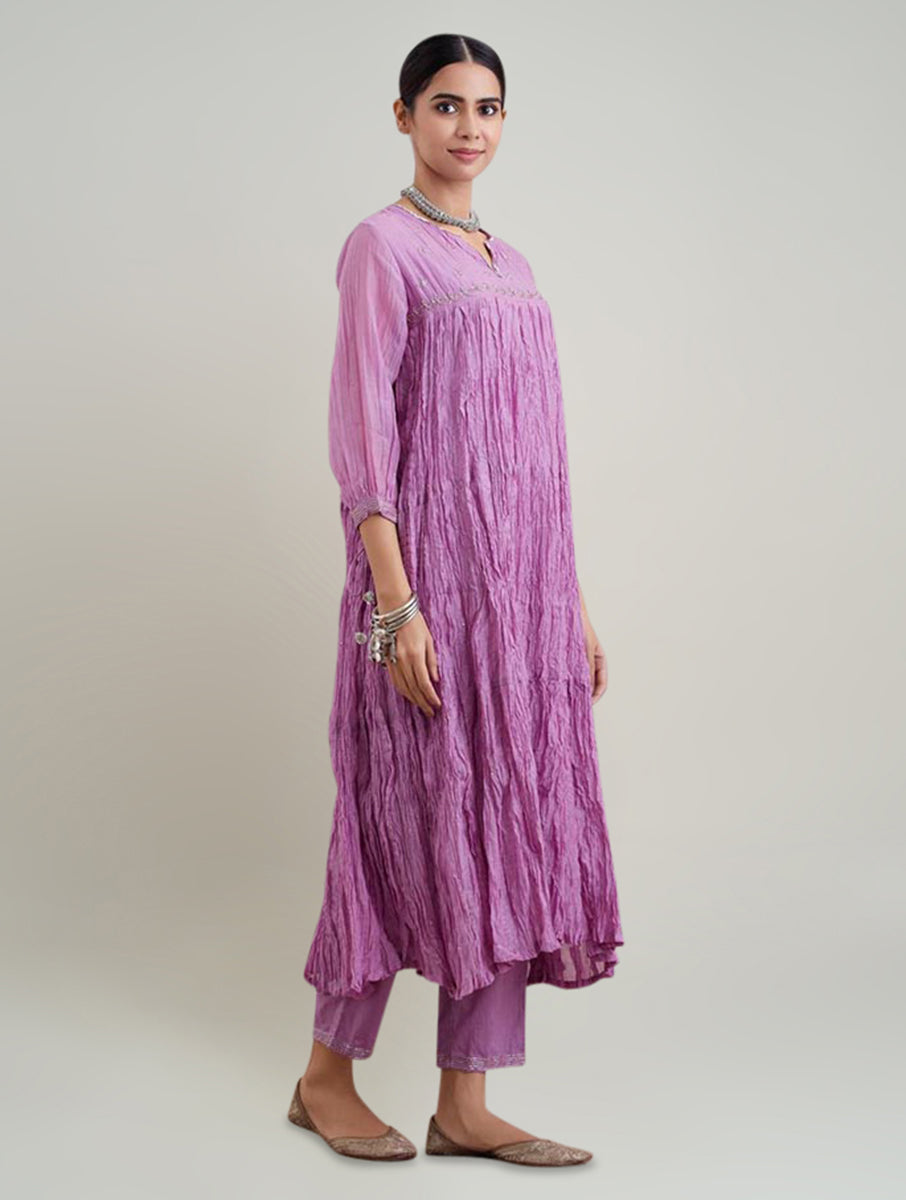 Women Lavender Purple Silk Embroidered Round neck Regular Fit Kurta