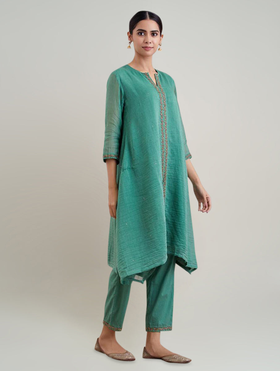 Women Green Chanderi Silk Embroidered Round Neck A Line Kurta