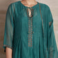 Women Turquois Green Cotton Silk Chanderi  Hand Embroidery Round Neck Flared Kurta set