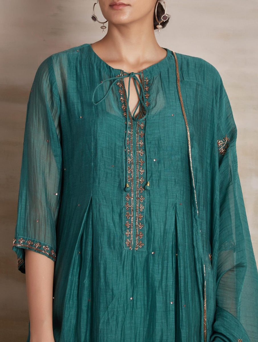 Women Turquois Green Cotton Silk Chanderi  Hand Embroidery Round Neck Flared Kurta set