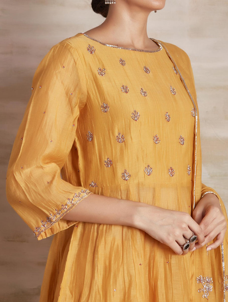 Chanderi cotton silk yellow  color hand embroidered zardozi anarkali kurta pajama & dupatta set