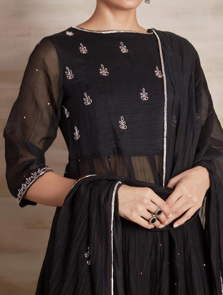 Chanderi cotton silk Black color silver hand embroidered zardozi Anarkali kurta pajama & dupatta set