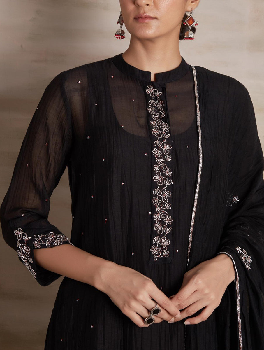 Chanderi cotton silk Black color hand embroidered zardozi straight  kurta pajama & dupatta set