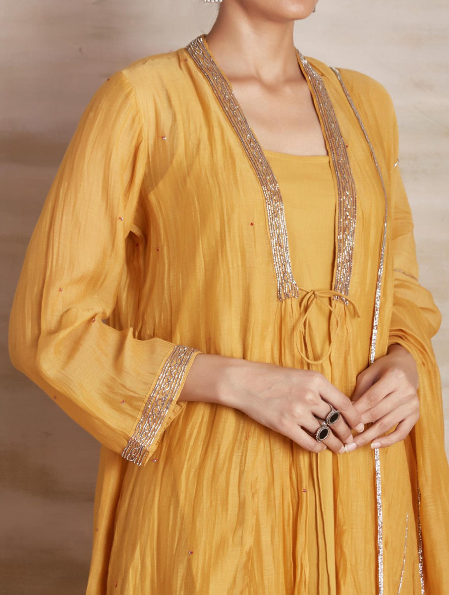 Chanderi cotton silk yellow color hand embroidered zardozi Shrug pajama & dupatta set