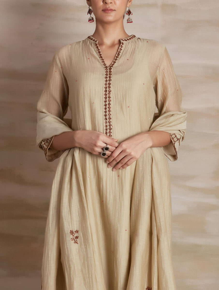 Chanderi cotton silk beige color hand embroidered zardozi straight  kurta pajama & dupatta set