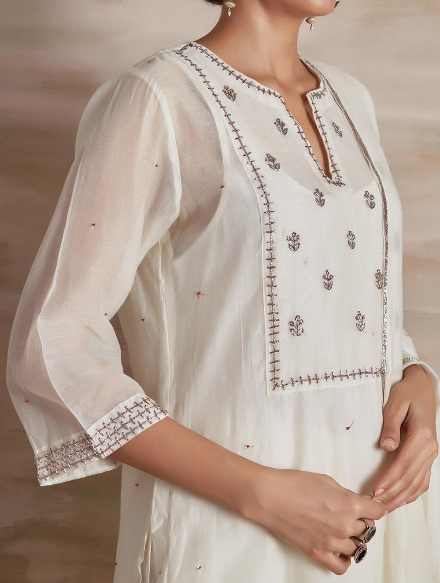 Chanderi cotton silk white  color hand embroidered zardozi kurta pajama & dupatta set