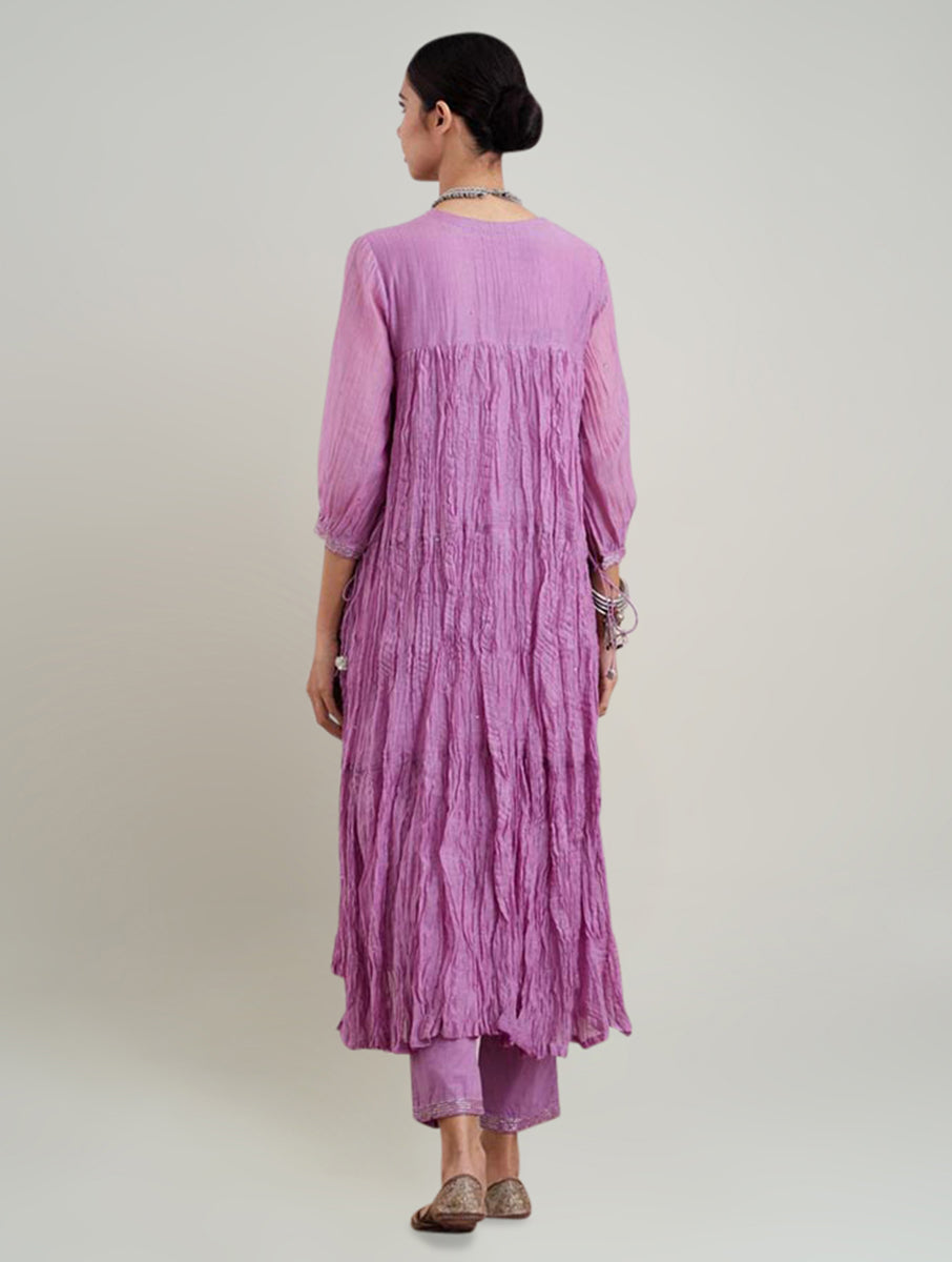 Women Lavender Purple Silk Embroidered Round neck Regular Fit Kurta