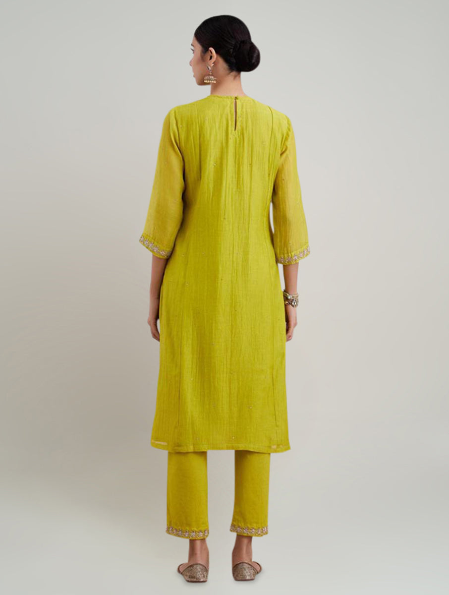 Women Lime Green Chanderi Silk Embroidered Round Neck Regular Fit Kurta