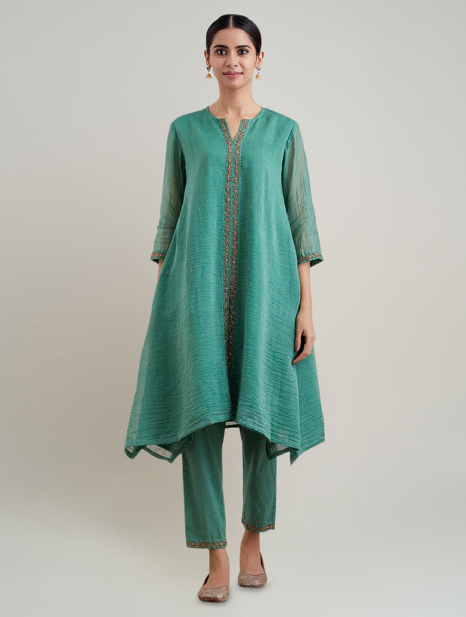 Women Green Chanderi Silk Embroidered Round Neck A Line Kurta