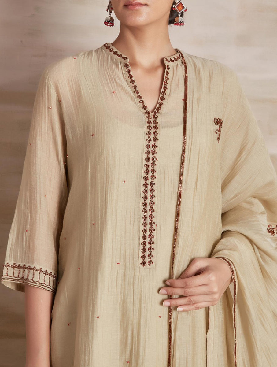 Chanderi cotton silk beige color hand embroidered zardozi straight  kurta pajama & dupatta set