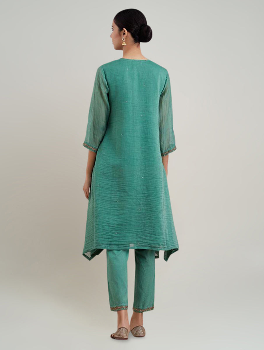 Women Green Chanderi Silk Embroidered Round Neck A Line Kurta