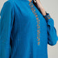 Women Teal Cotton Silk  Embroidered Collar  Neck Straight  Kurta