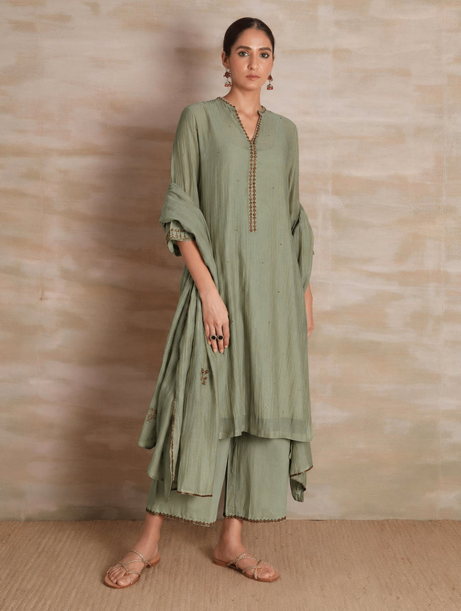 Naqsh Olive Green Collar Kurta Pajama Dupatta set