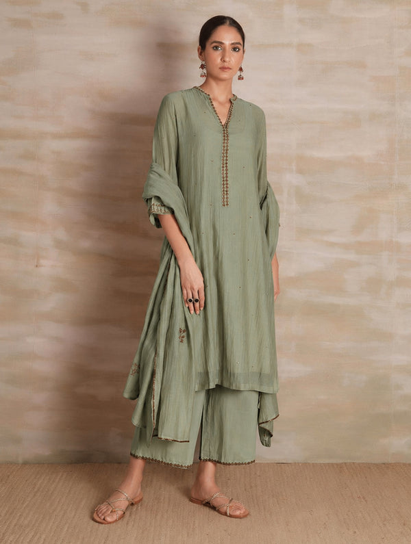 Naqsh Olive Green Collar Kurta Pajama Dupatta set