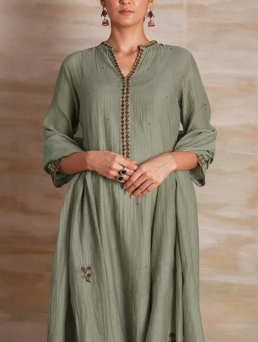 Naqsh Olive Green Collar Kurta Pajama Dupatta set