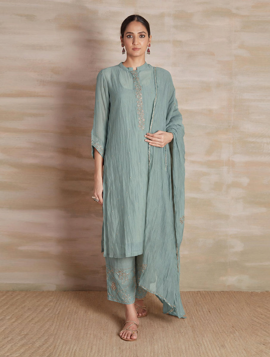 Naqsh Blue Collar Kurta Pajama Dupatta Set