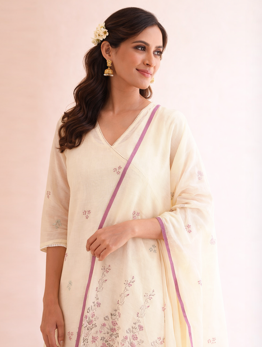 Gudhal White Cotton Silk Block Print Kurta, Pants & Dupatta