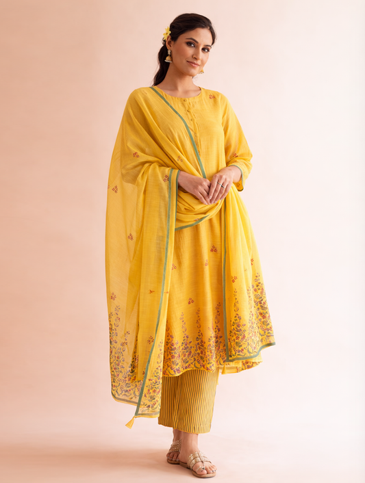 Gudhal Yellow Cotton Silk Block Print Kurta, Pants & Dupatta
