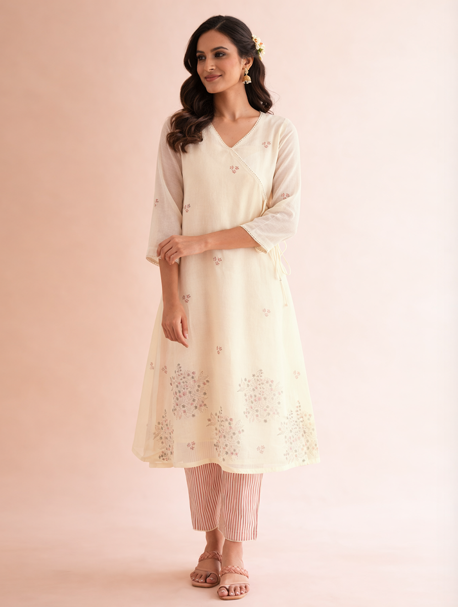 Gudhal White Cotton Silk Block Print Kurta, Pants & Dupatta