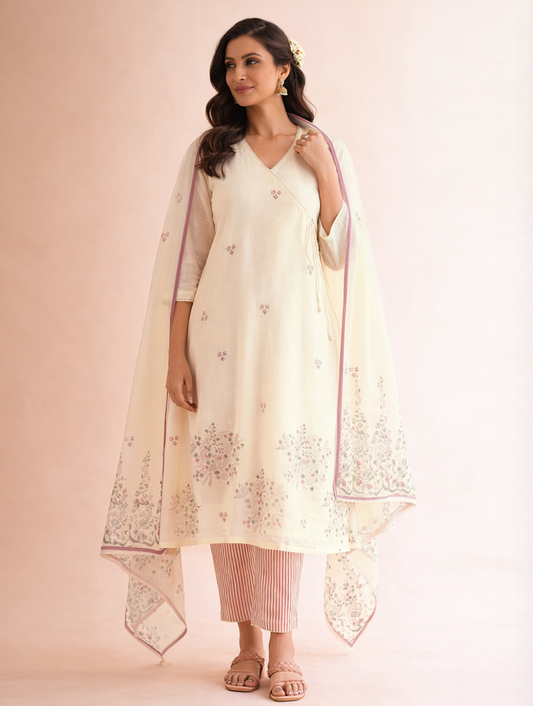 Gudhal White Cotton Silk Block Print Kurta, Pants & Dupatta