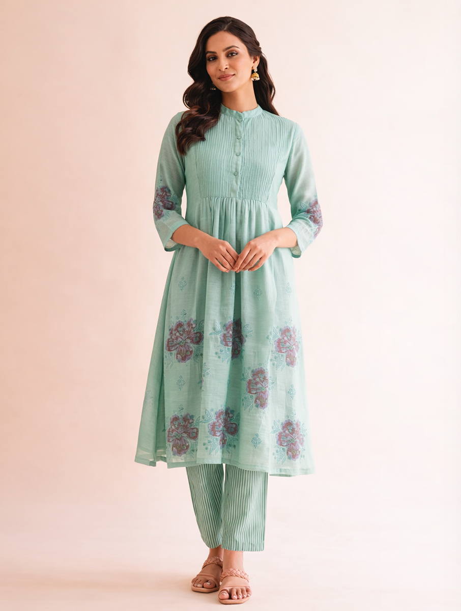 Gudhal Blue Cotton Silk Block Print Kurta, Pants & Dupatta