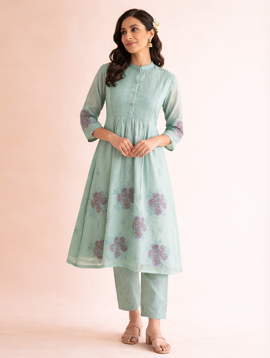 Gudhal Blue Cotton Silk Block Print Kurta, Pants & Dupatta