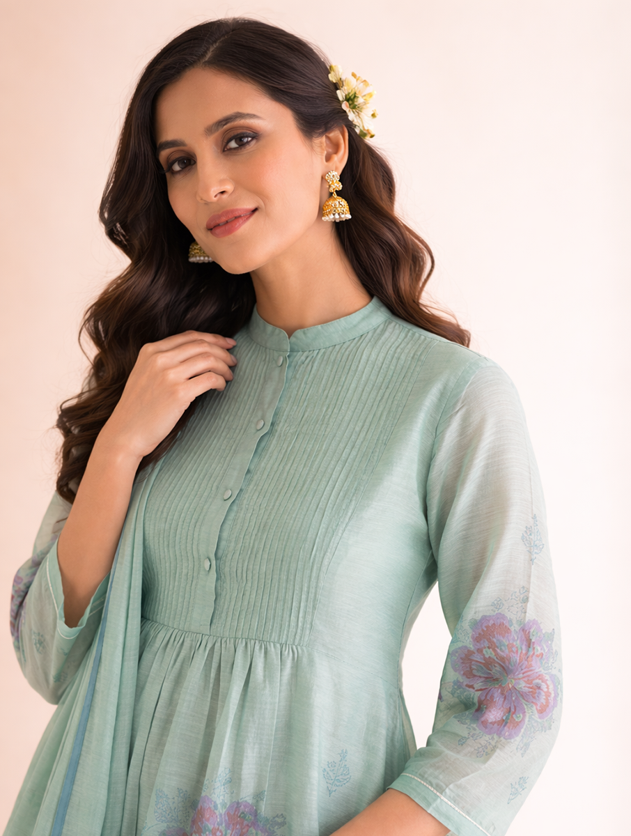 Gudhal Blue Cotton Silk Block Print Kurta, Pants & Dupatta
