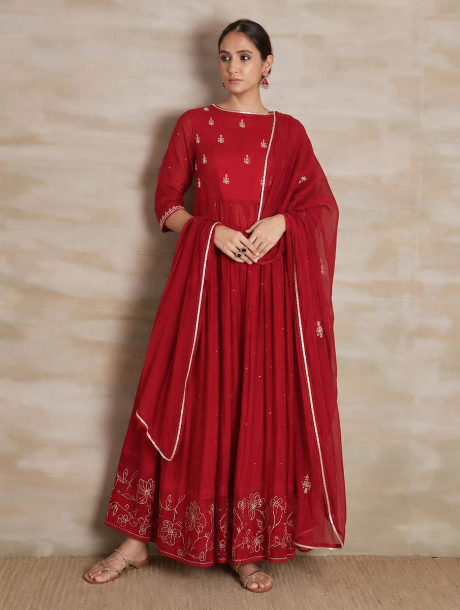 Naqsh  Red Anarkali Kurta set of 3