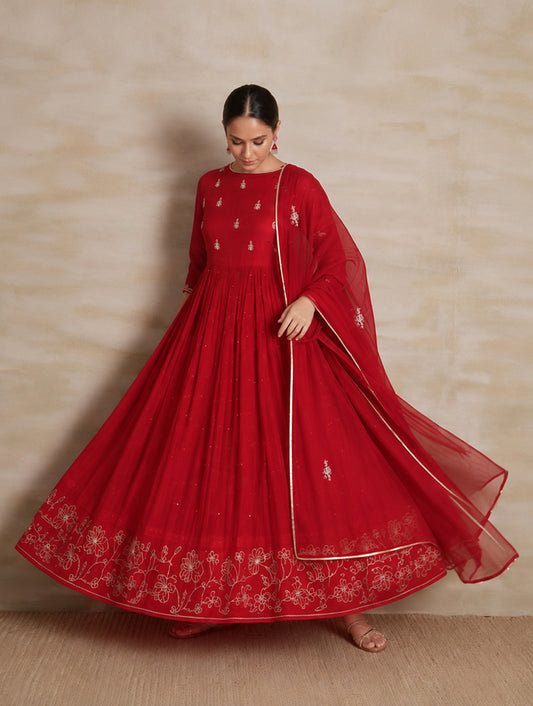 Naqsh  Red Anarkali Kurta set of 3
