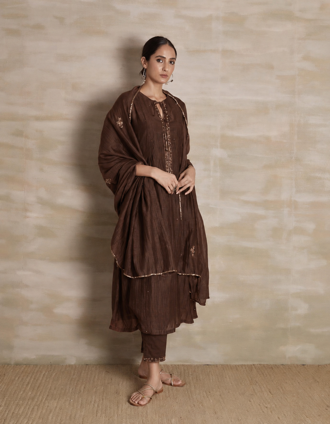 Naqsh Brown Box Pleat  Kurta set of 3