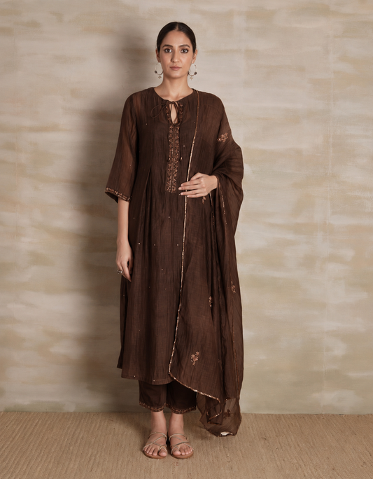 Naqsh Brown Box Pleat  Kurta set of 3