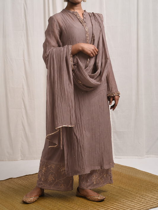 Naqsh Taupe Straight Kurta set of 3