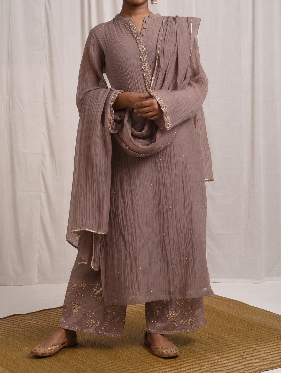 Naqsh Taupe Straight Kurta set of 3