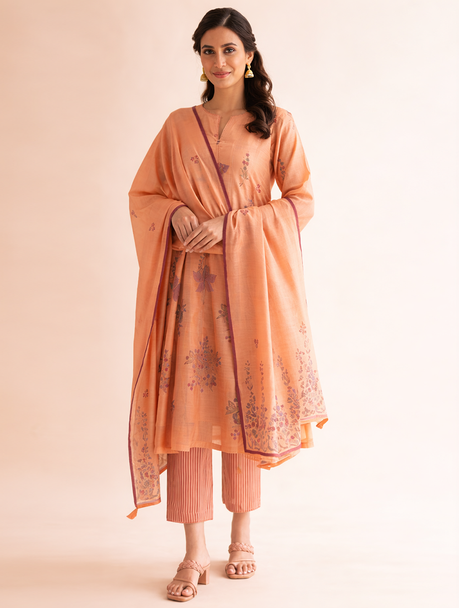 Gudhal Peach Cotton Silk Block Print Kurta, Pants & Dupatta