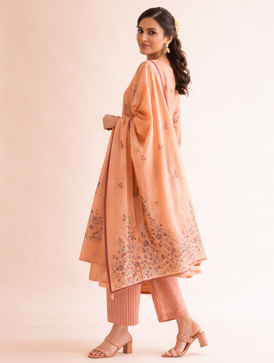 Gudhal Peach Cotton Silk Block Print Kurta, Pants & Dupatta