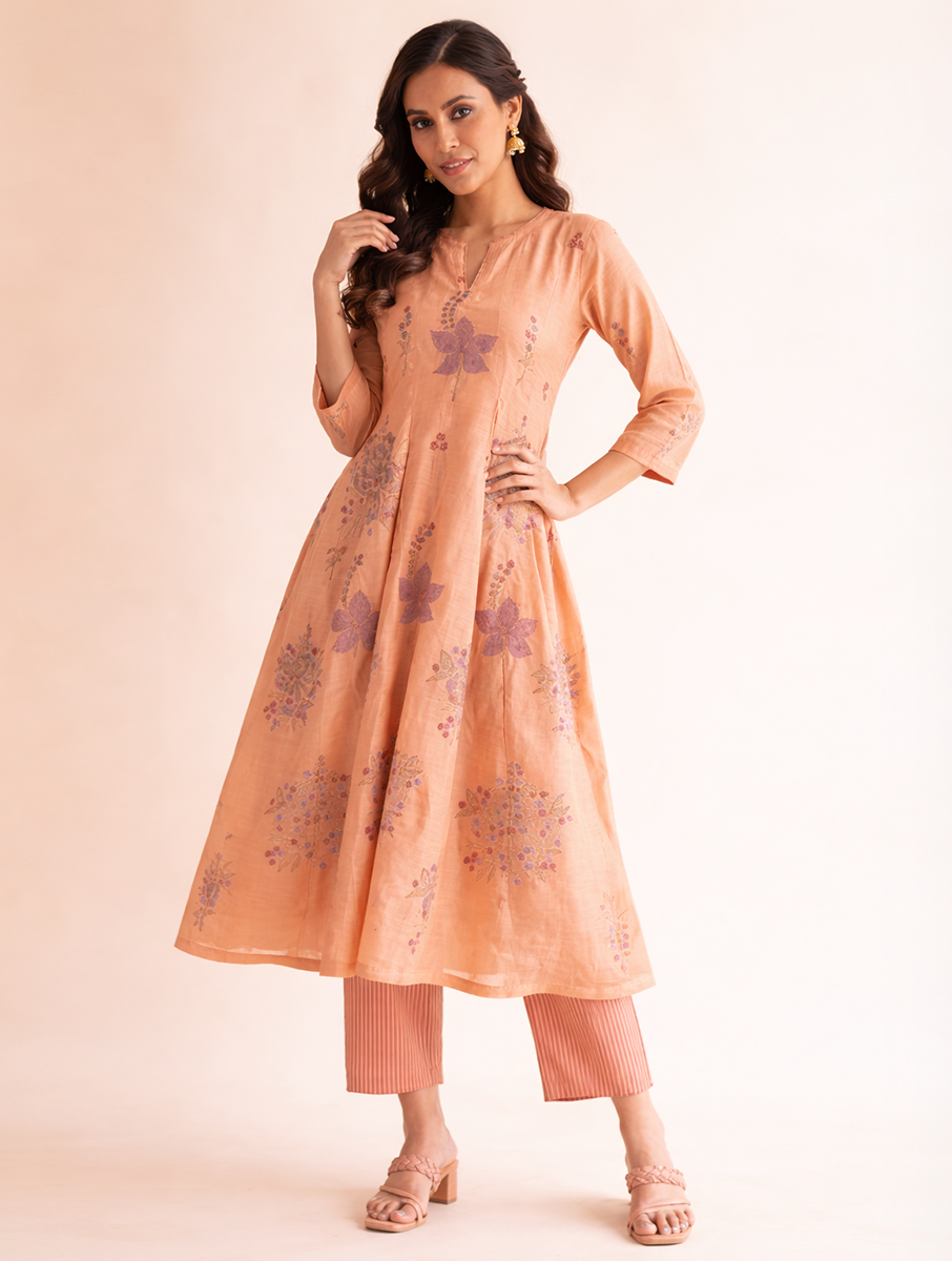 Gudhal Peach Cotton Silk Block Print Kurta, Pants & Dupatta