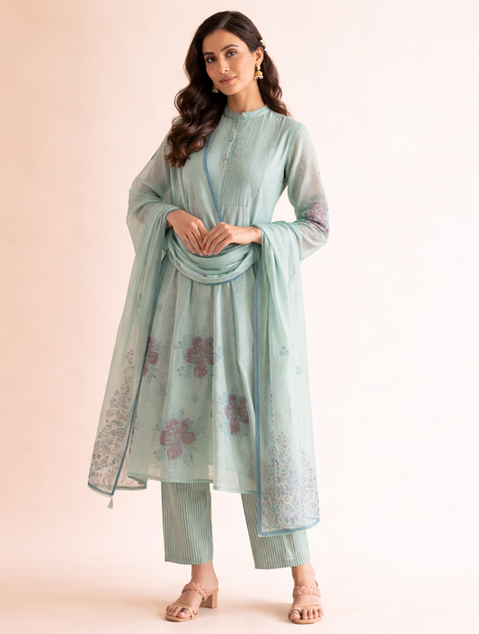 Gudhal Blue Cotton Silk Block Print Kurta, Pants & Dupatta