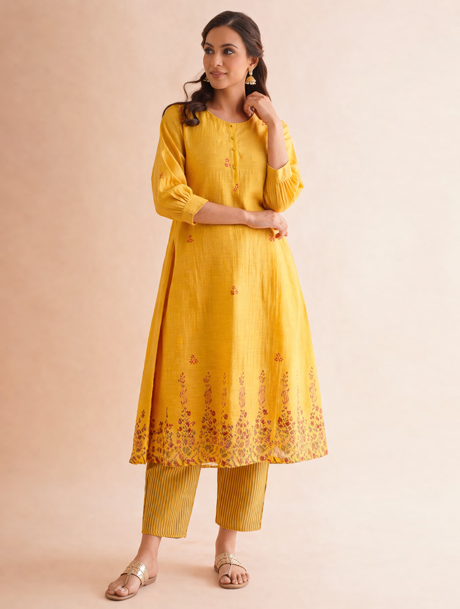 Gudhal Yellow Cotton Silk Block Print Kurta, Pants & Dupatta