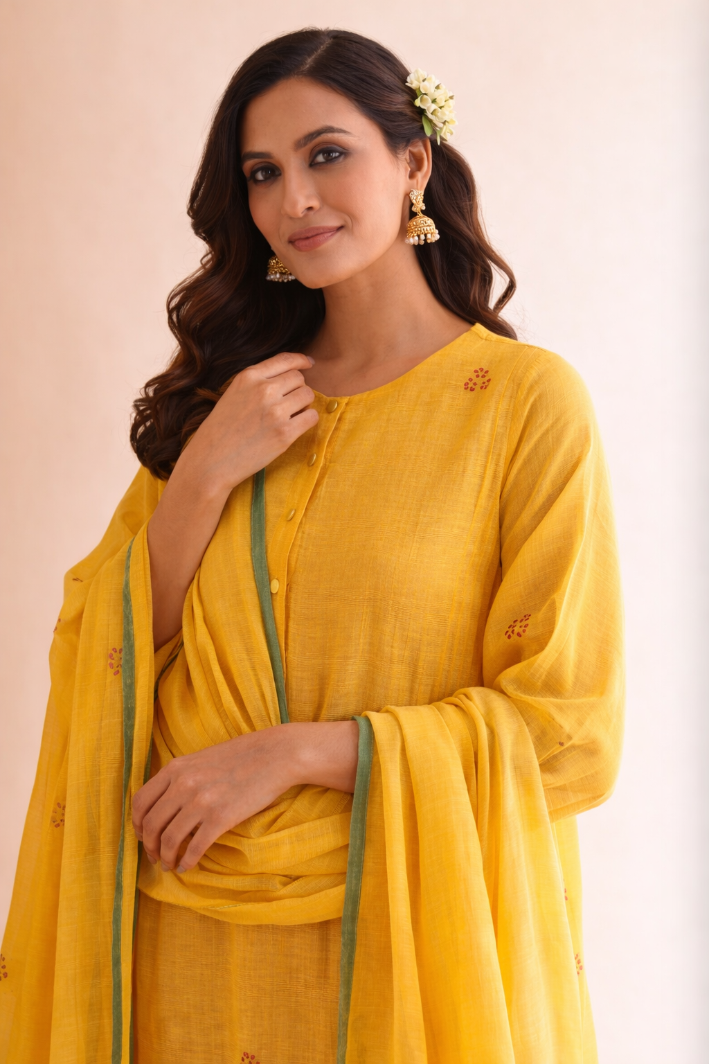 Gudhal Yellow Cotton Silk Block Print Kurta, Pants & Dupatta