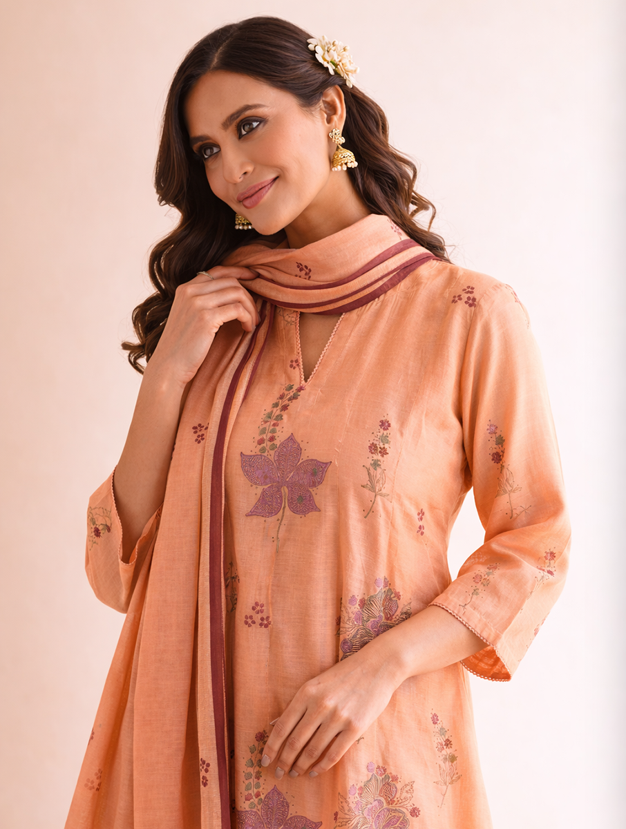 Gudhal Peach Cotton Silk Block Print Kurta, Pants & Dupatta