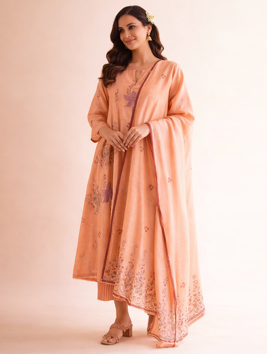 Gudhal Peach Cotton Silk Block Print Kurta, Pants & Dupatta