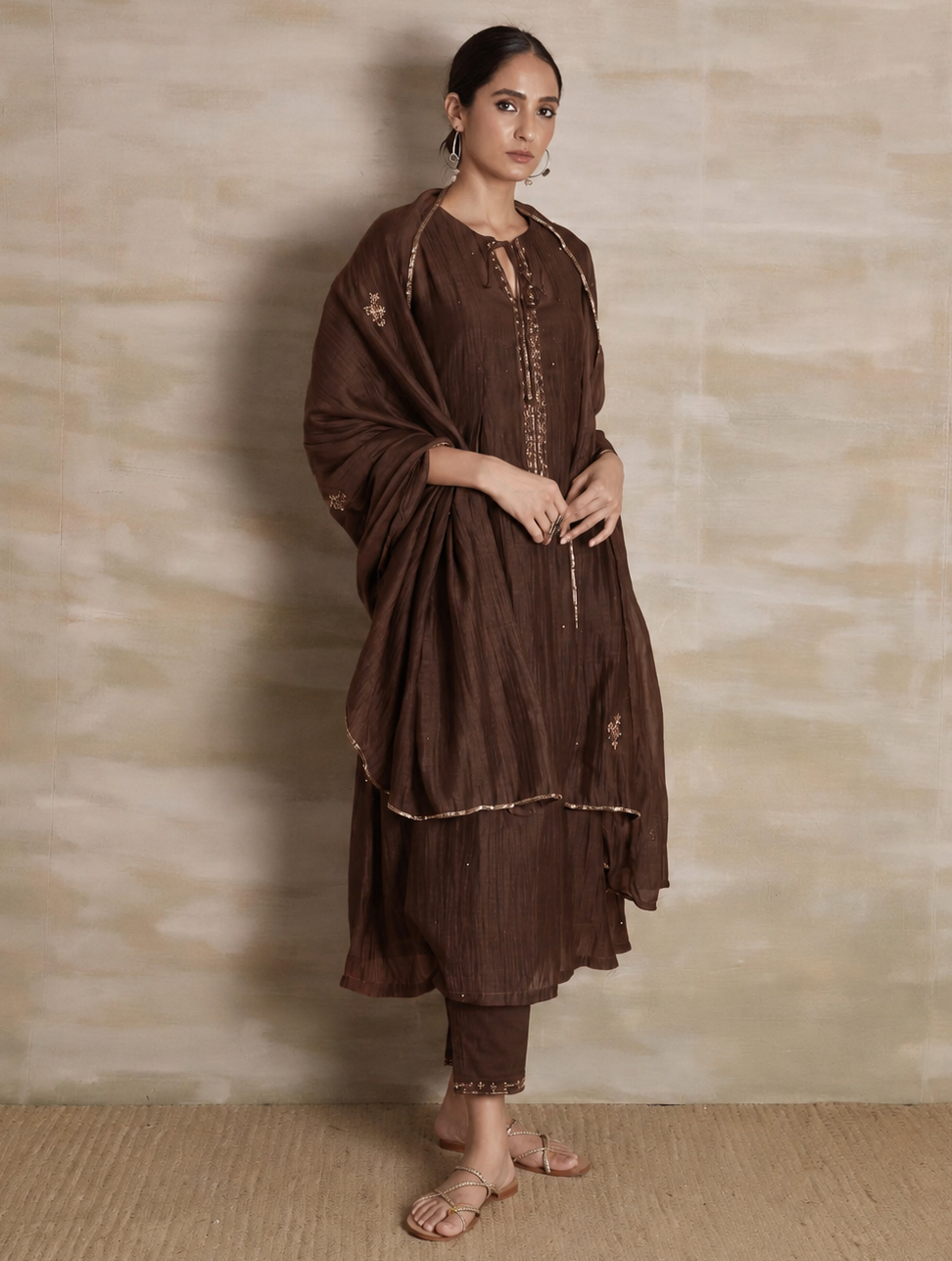 Naqsh Brown Box Pleat  Kurta set of 3