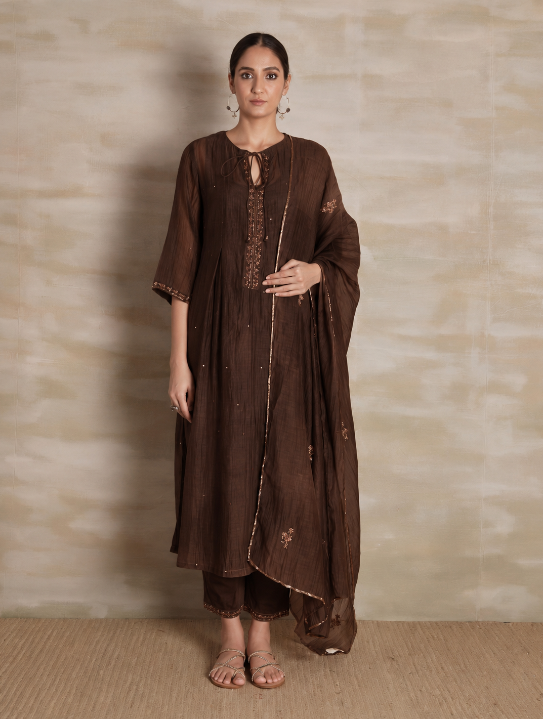 Naqsh Brown Box Pleat  Kurta set of 3