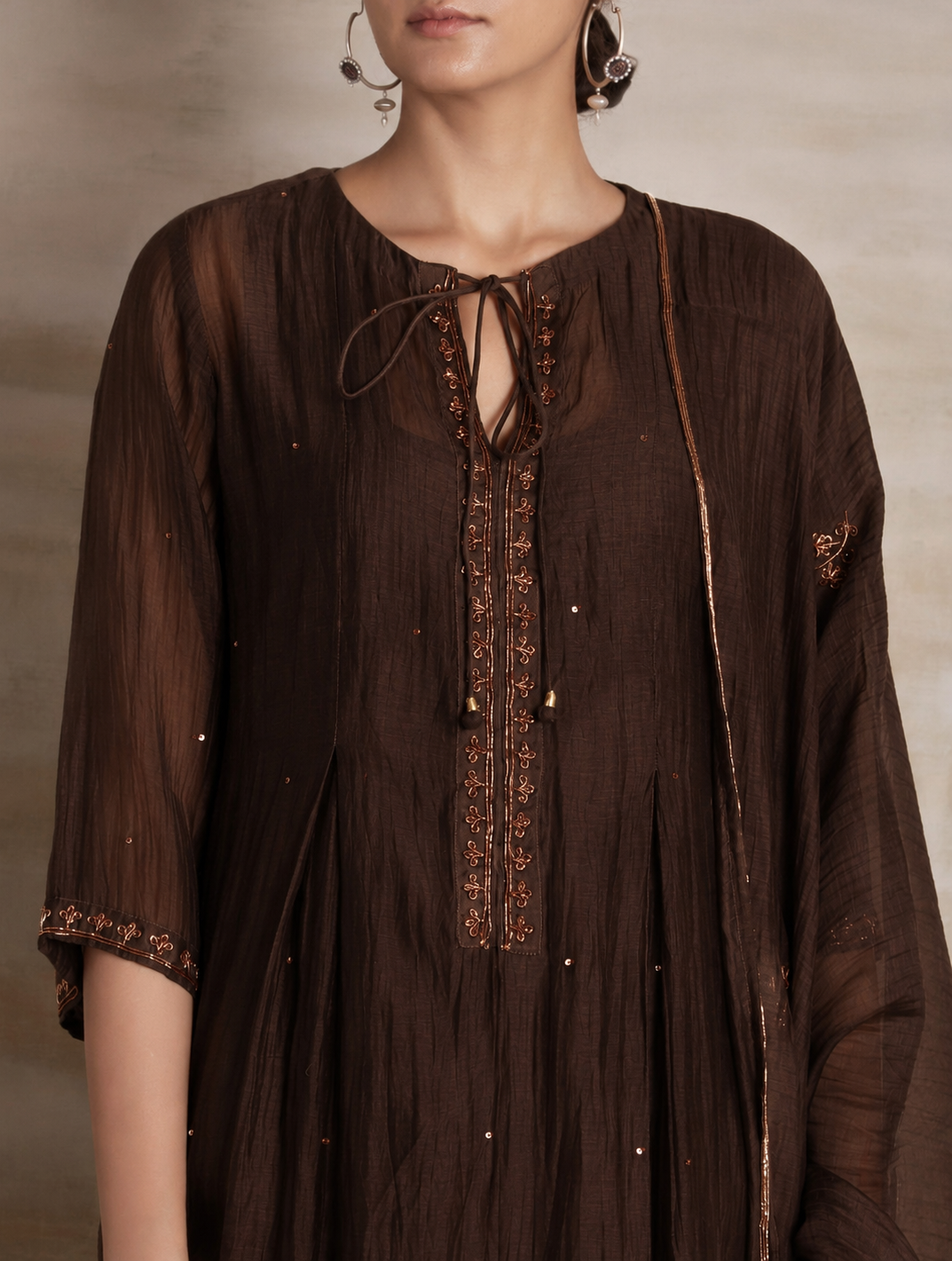 Naqsh Brown Box Pleat  Kurta set of 3