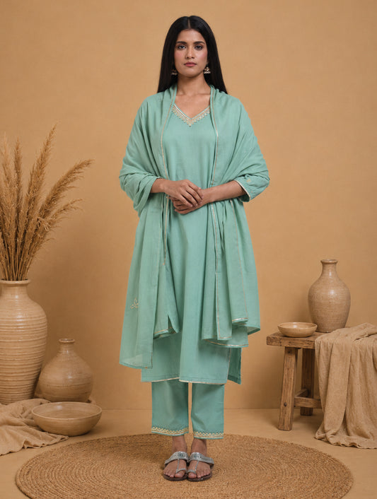 Chamki  Green Cotton Gota Patti Kurta, Pants & Dupatta