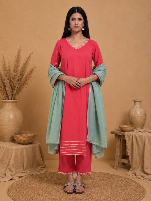 Chamki  Pink Cotton Gota Patti Kurta, Pants & Dupatta Set