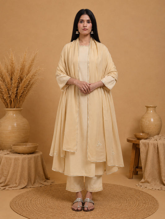 Chamki  Beige Cotton Gota Patti Kurta, Pants & Dupatta