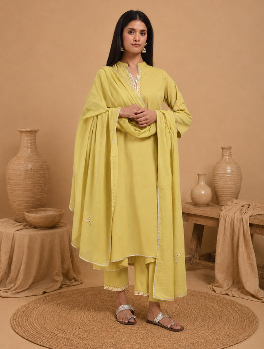 Chamki  Yellow Cotton Gota Patti Kurta, Pants & Dupatta